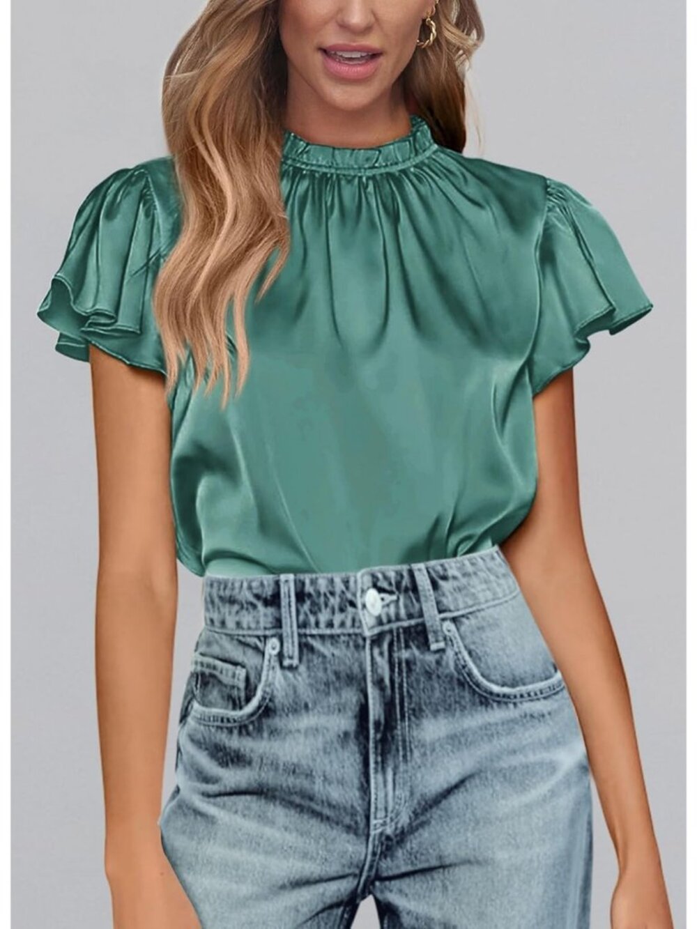 Women's Aqua Green Satin Blouse Ruffled Neck Flutter Sleeve Office Work Silk Top - Picture 3 of 6